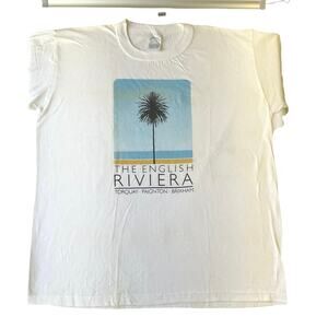 VINTAGE Unknown Brand Men Shirt Size XL White Graphic Print The English Riviera